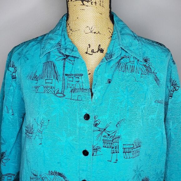 Chico's Silk Linen Blend Novelty Print Button Down Size 2 (Size L) - Picture 2 of 11